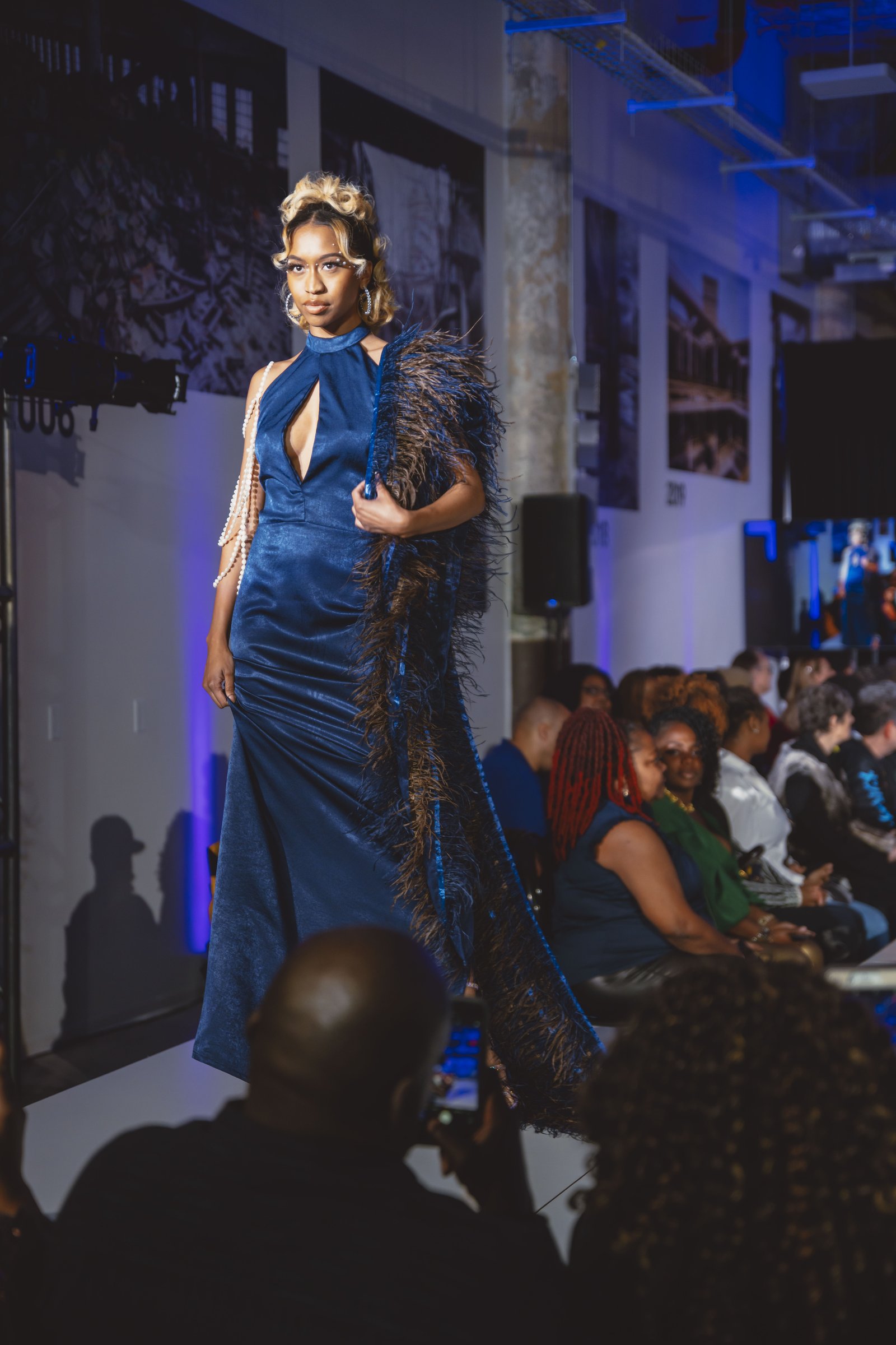Blue Reign satin halter gown front view