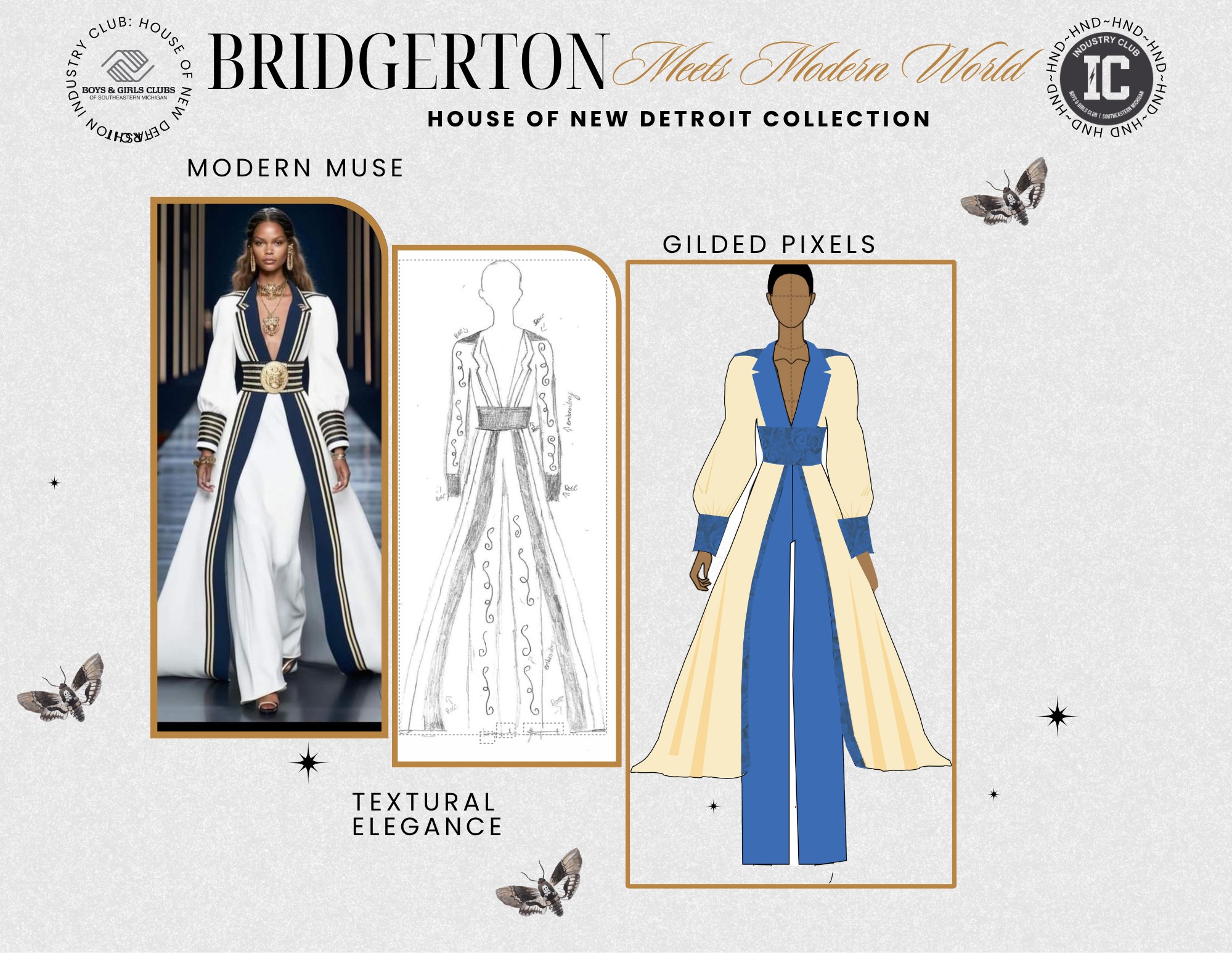 Bridgerton Meets New World design board with Modern Muse inspiration, Textural Elegance hand sketch, and Gilded Pixels Adobe Illustrator rendering